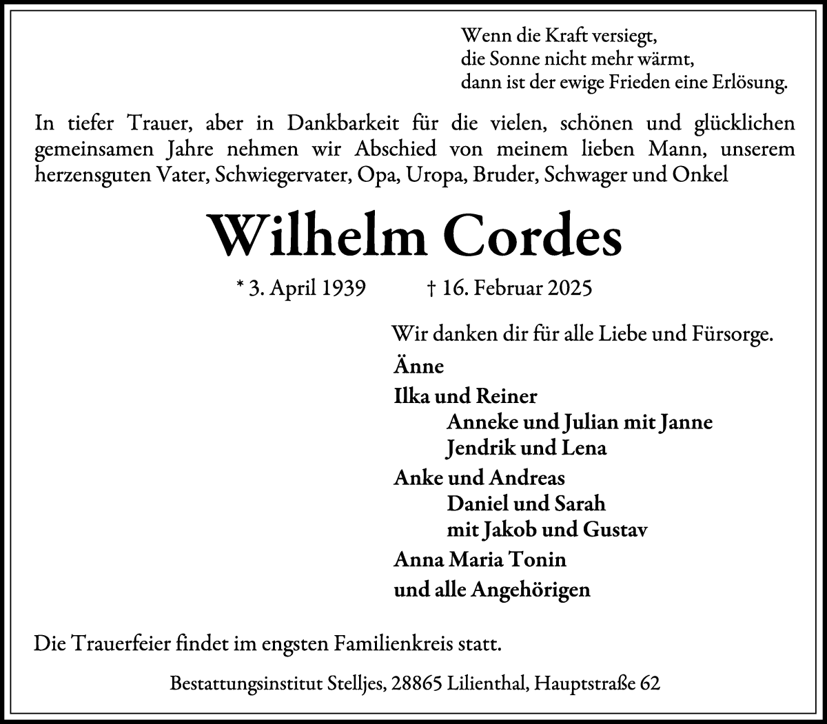 Traueranzeige von Wilhelm Cordes von Wuemme Zeitung
