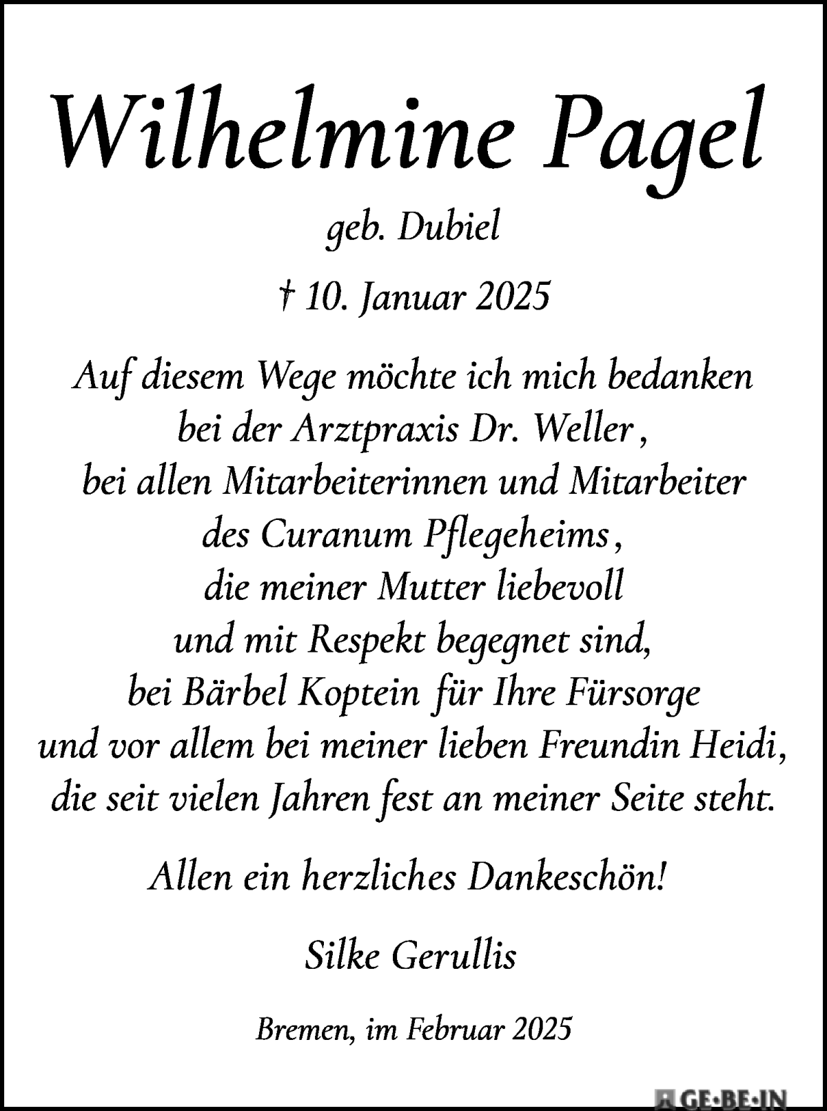 Traueranzeige von Wilhelmine Pagel von WESER-KURIER