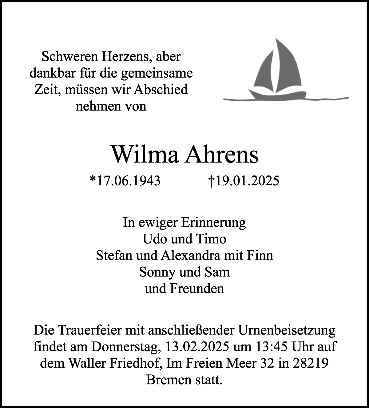 Traueranzeige von Wilma Ahrens von WESER-KURIER