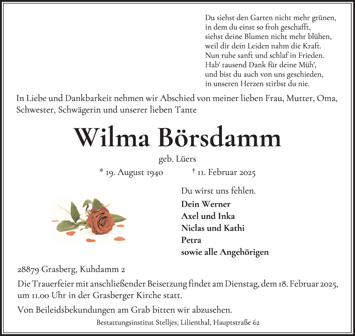 Traueranzeige von Wilma Börsdamm von Wuemme Zeitung