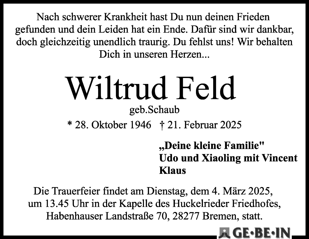 Traueranzeige von Wiltrud Feld von WESER-KURIER