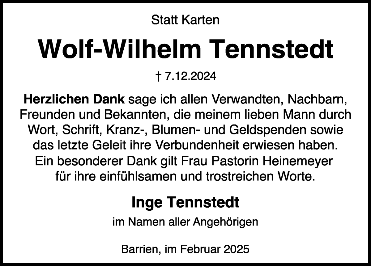 Traueranzeige von Wolf-Wilhelm Tennstedt von WESER-KURIER