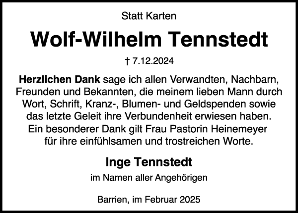 Traueranzeige von Wolf-Wilhelm Tennstedt von WESER-KURIER