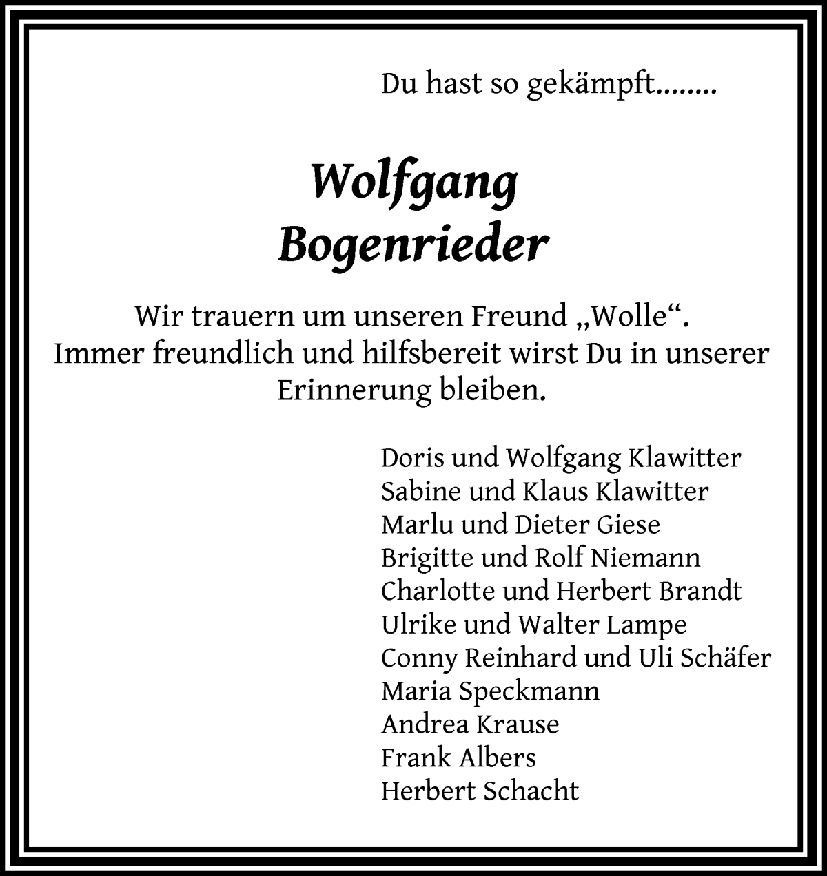 Traueranzeige von Wolfgang Bogenrieder von Die Norddeutsche
