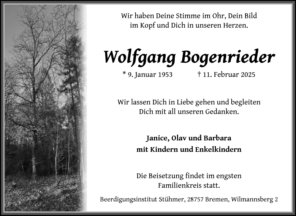 Traueranzeige von Wolfgang Bogenrieger von Die Norddeutsche