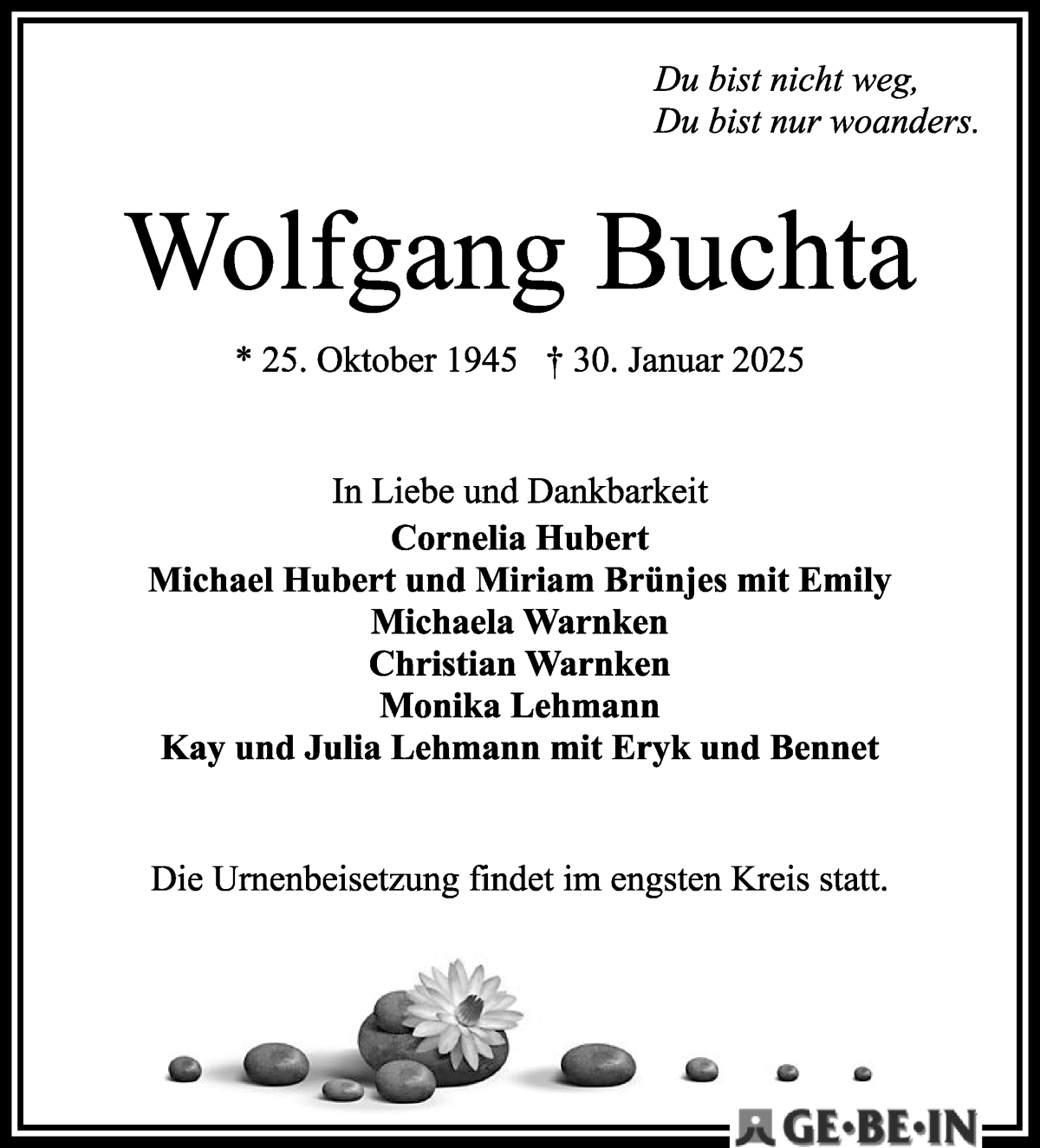 Traueranzeige von Wolfgang Buchta von WESER-KURIER