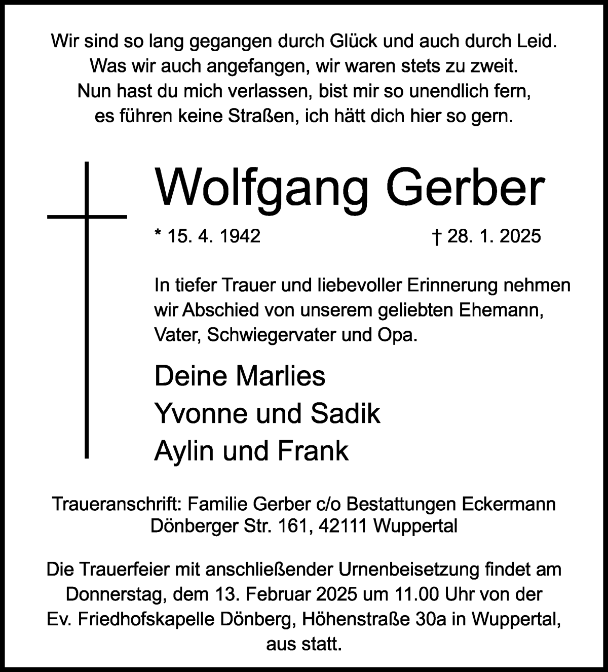 Traueranzeige von Wolfgang Gerber von WESER-KURIER