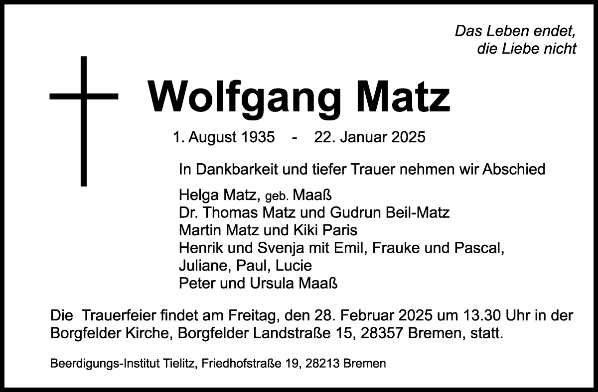Traueranzeige von Wolfgang Matz von WESER-KURIER
