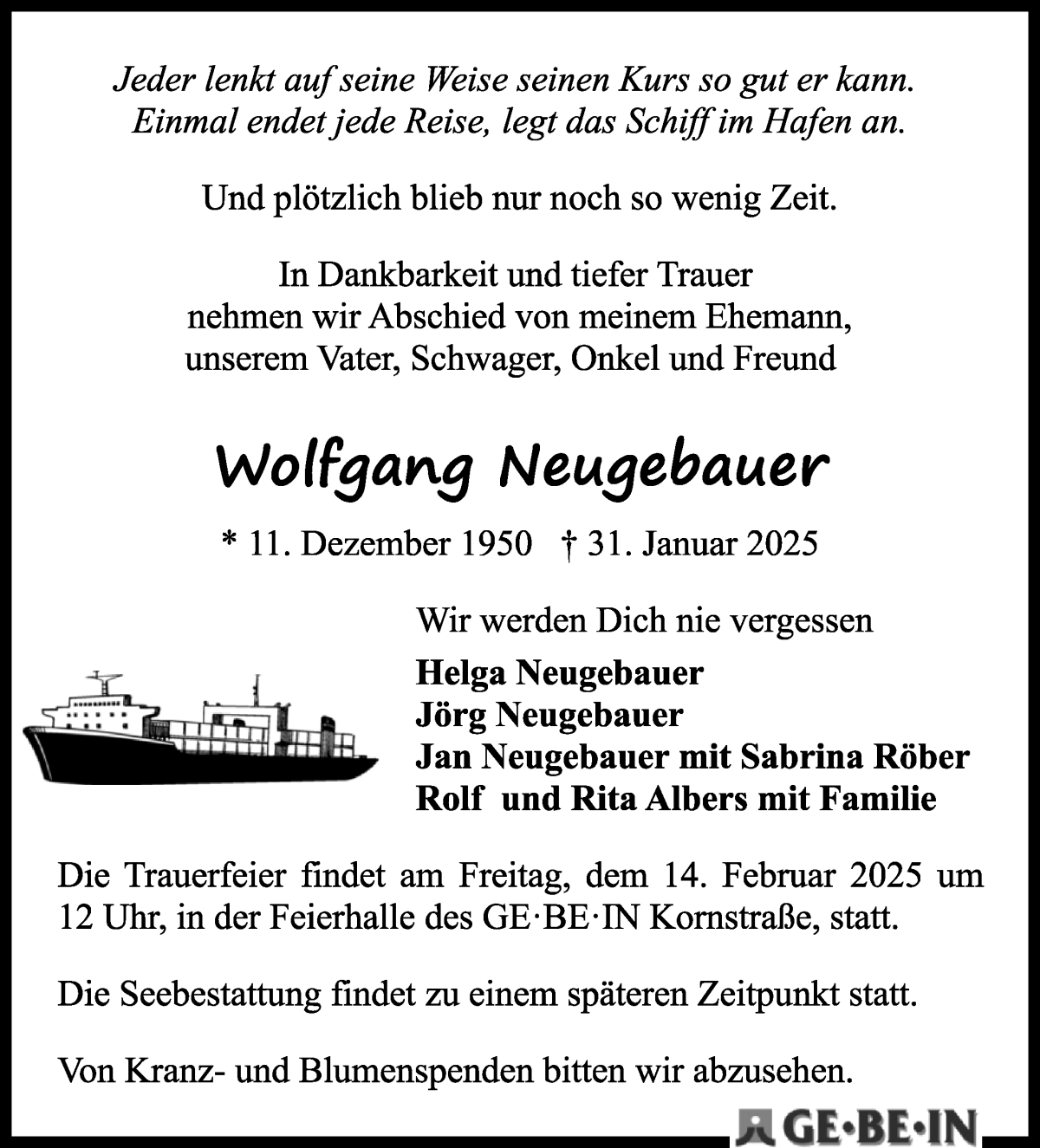 Traueranzeige von Wolfgang  Neugebauer von WESER-KURIER