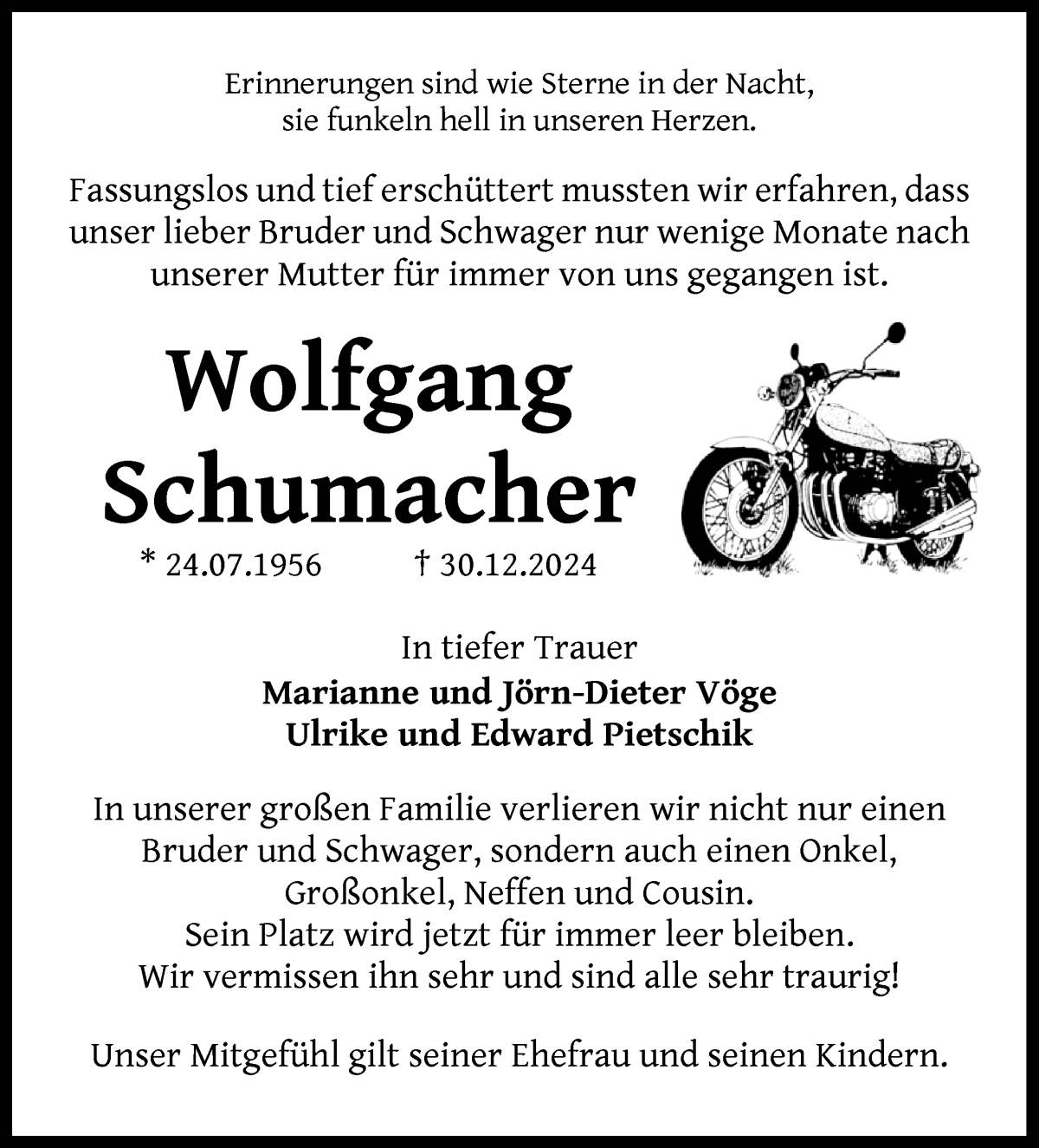 Traueranzeige von Wolfgang Schumacher von Die Norddeutsche