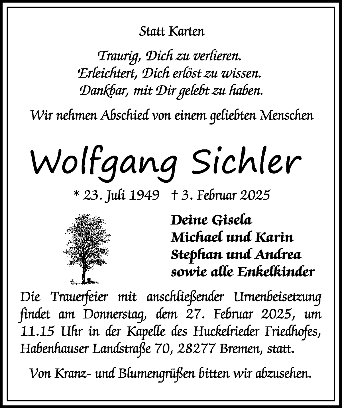 Traueranzeige von Wolfgang Sichler von WESER-KURIER