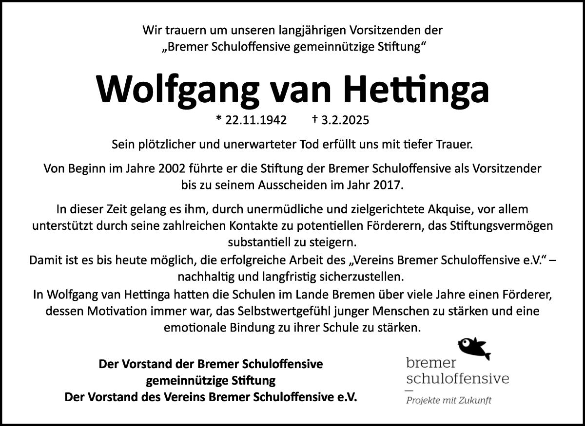 Traueranzeige von Wolfgang van Hettinga von WESER-KURIER