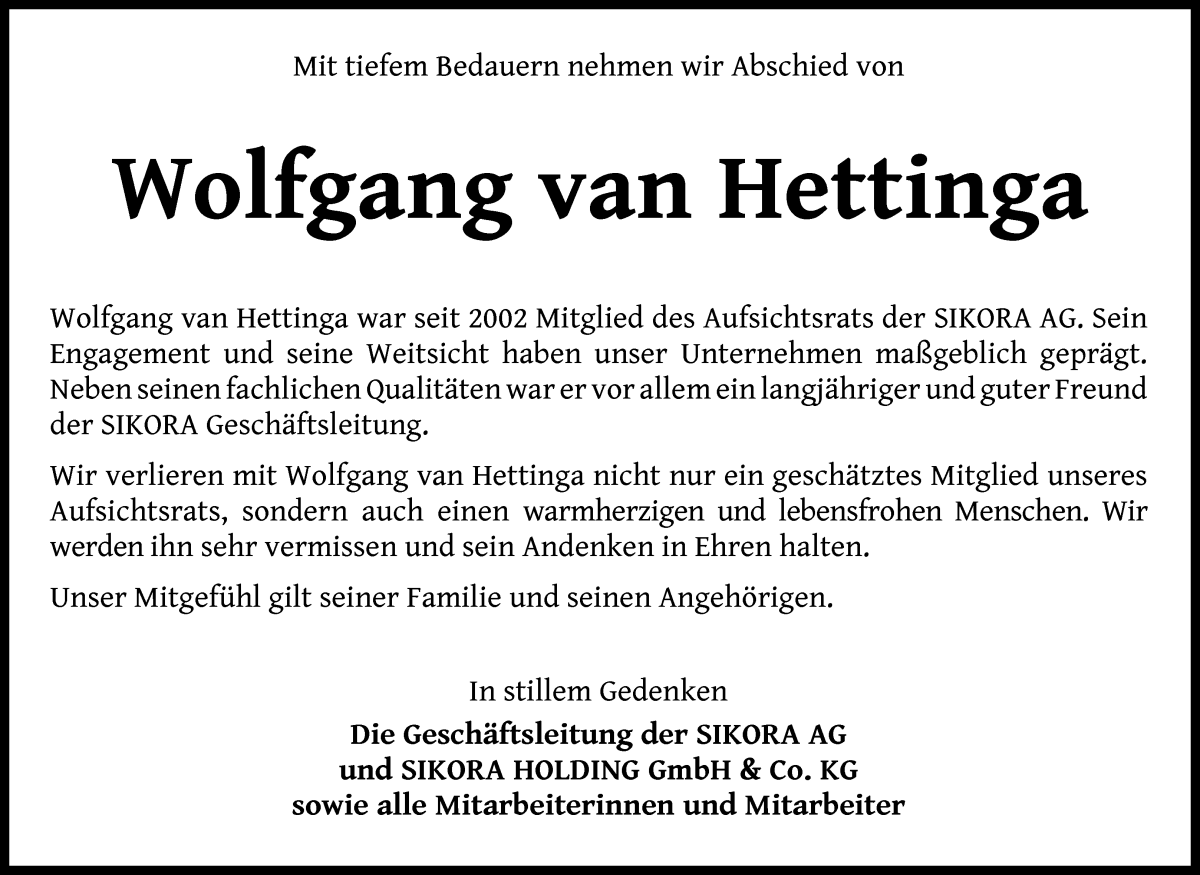 Traueranzeige von Wolfgang van Hettinga von WESER-KURIER