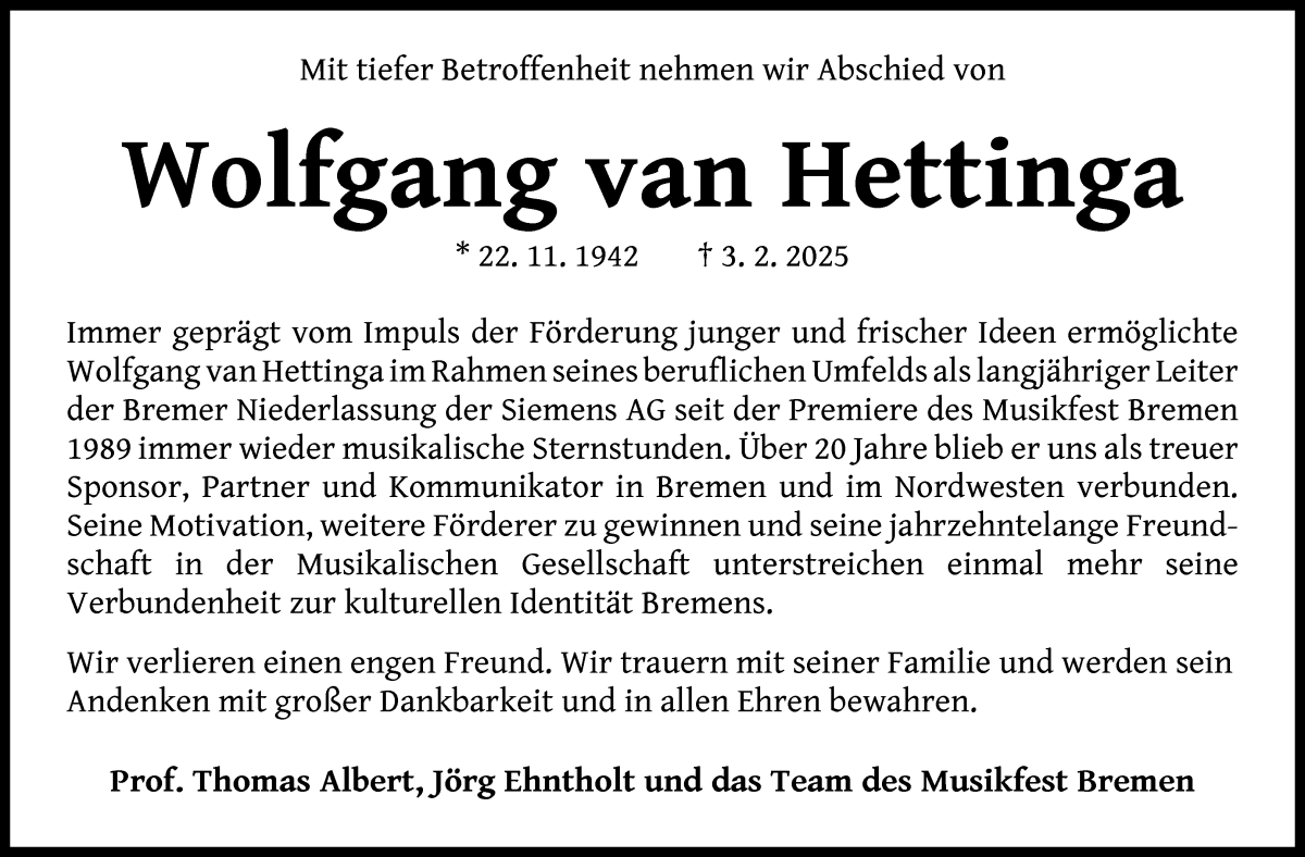 Traueranzeige von Wolfgang van Hettinga von WESER-KURIER