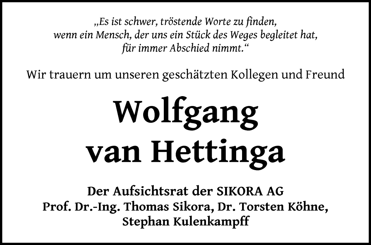 Traueranzeige von Wolfgang van Hettinga von WESER-KURIER