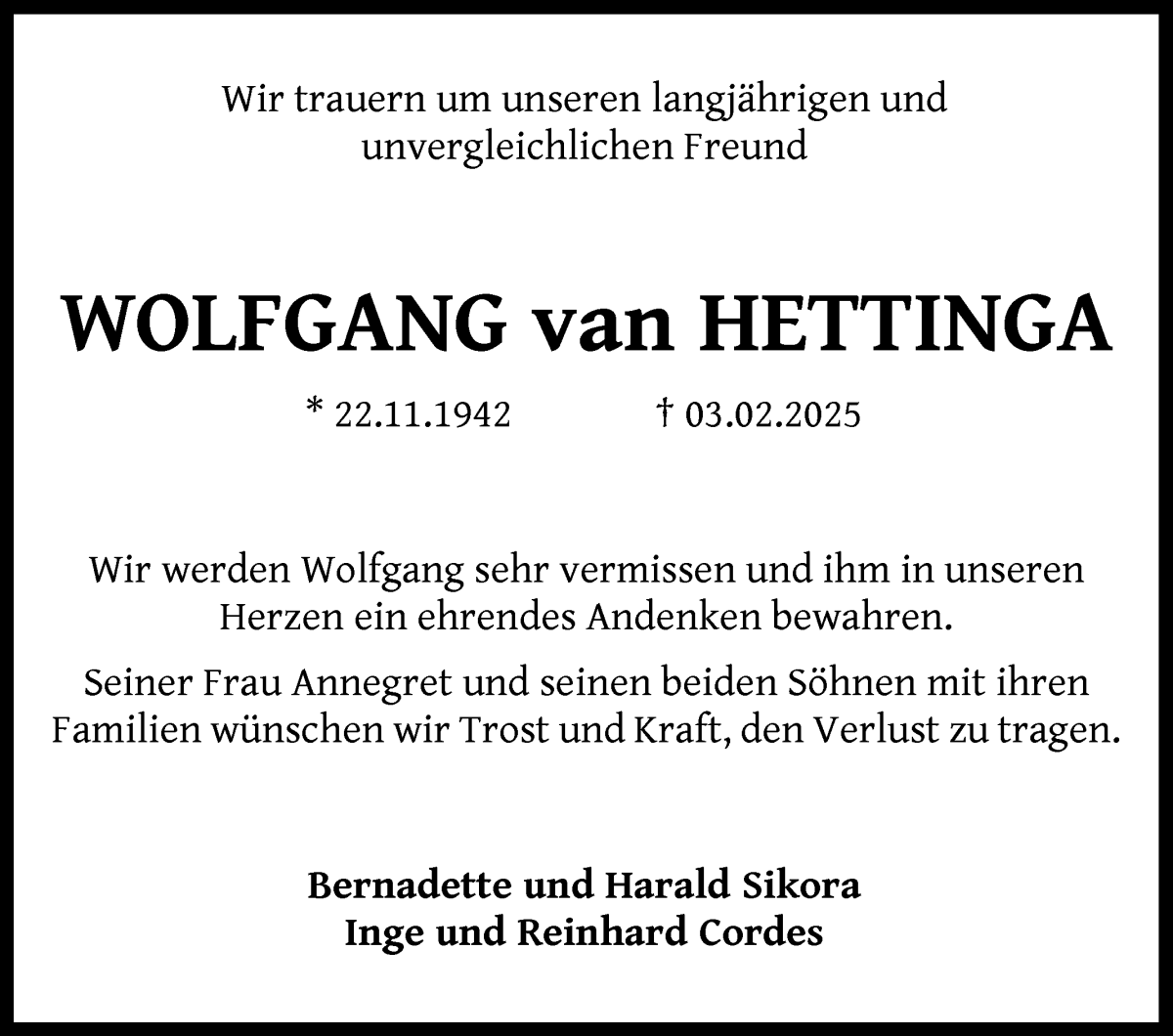 Traueranzeige von Wolfgang van Hettinga von WESER-KURIER