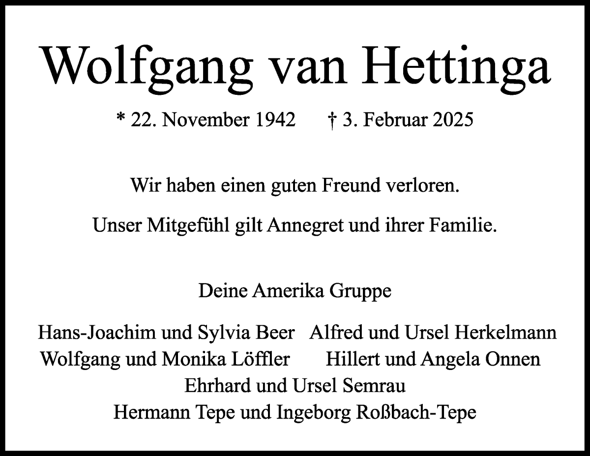 Traueranzeige von Wolfgang van Hettinga von WESER-KURIER