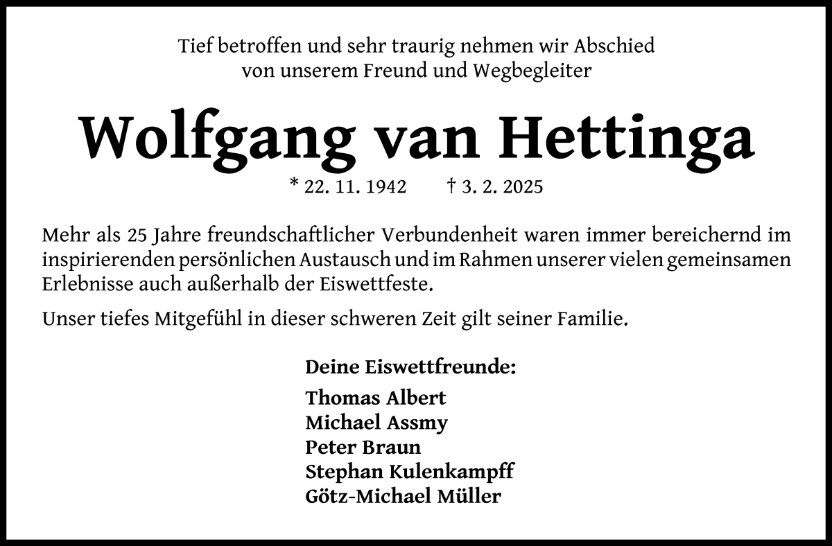 Traueranzeige von Wolfgang van Hettinga von WESER-KURIER