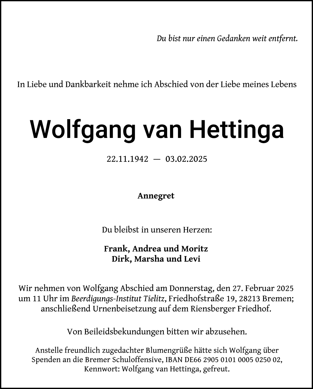 Traueranzeige von Wolfgang van Hettinga von WESER-KURIER