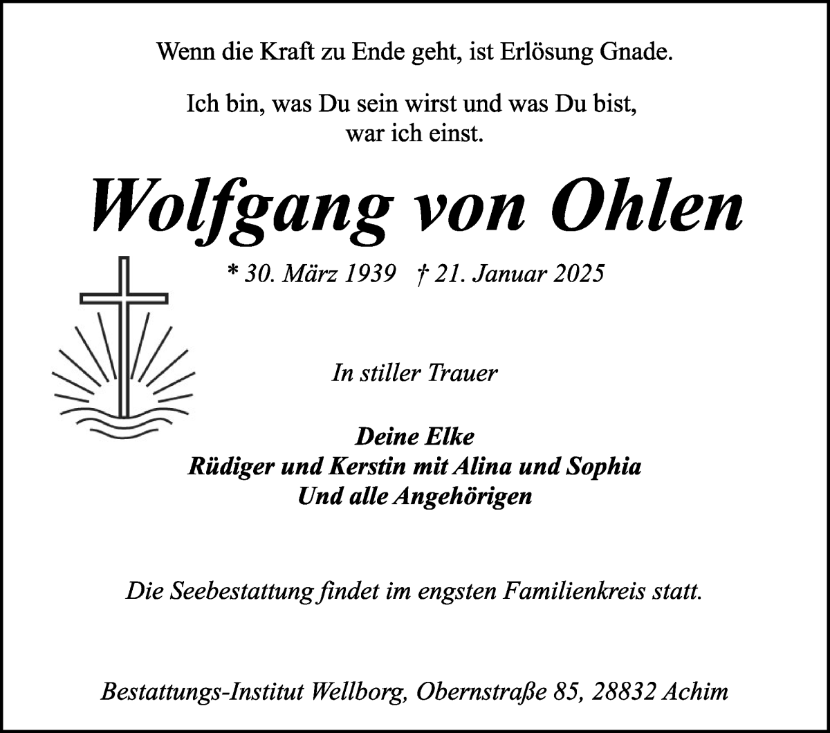 Traueranzeige von Wolfgang von Ohlen von WESER-KURIER
