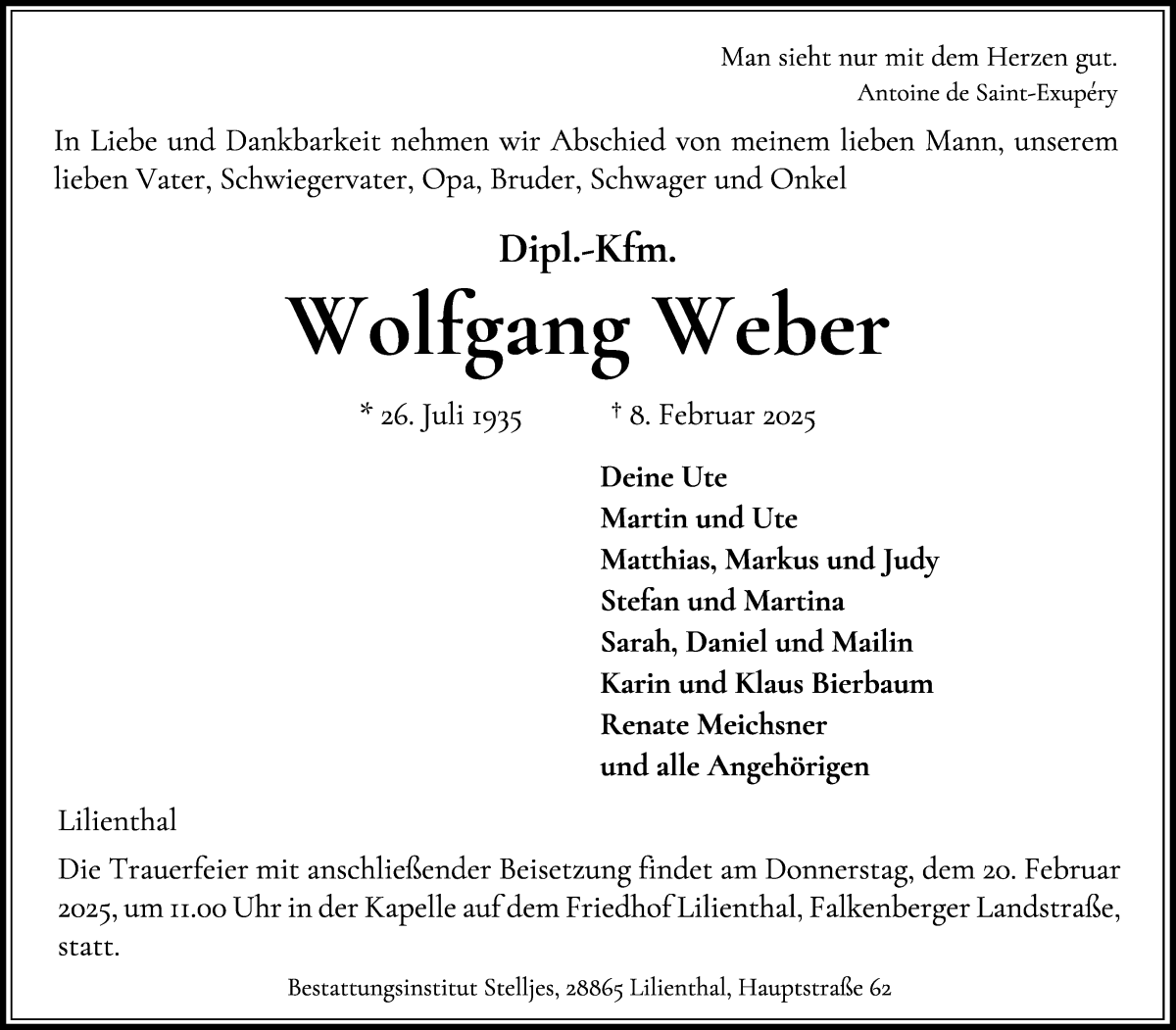 Traueranzeige von Wolfgang Weber von WESER-KURIER