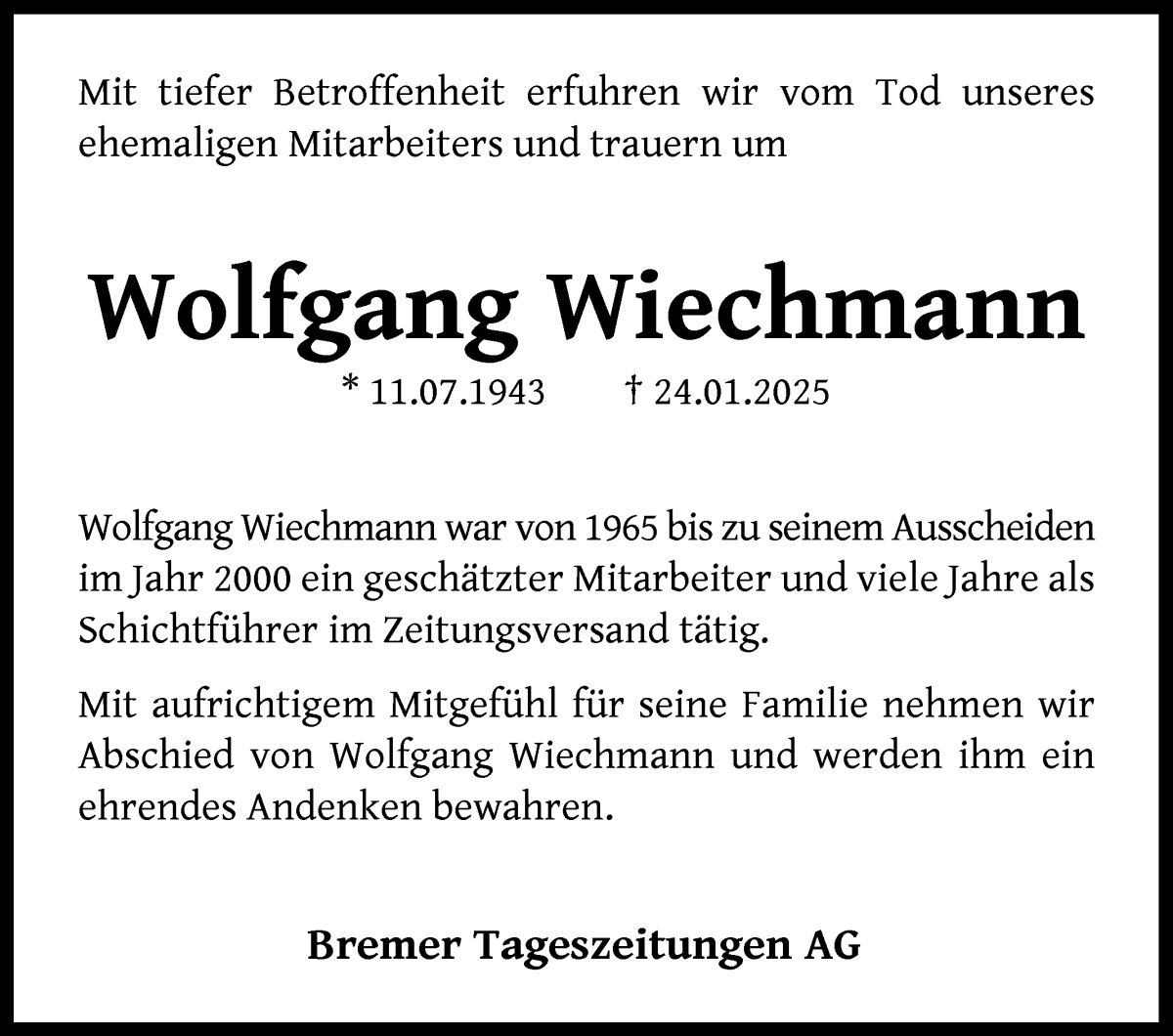 Traueranzeige von Wolfgang Wiechmann von WESER-KURIER