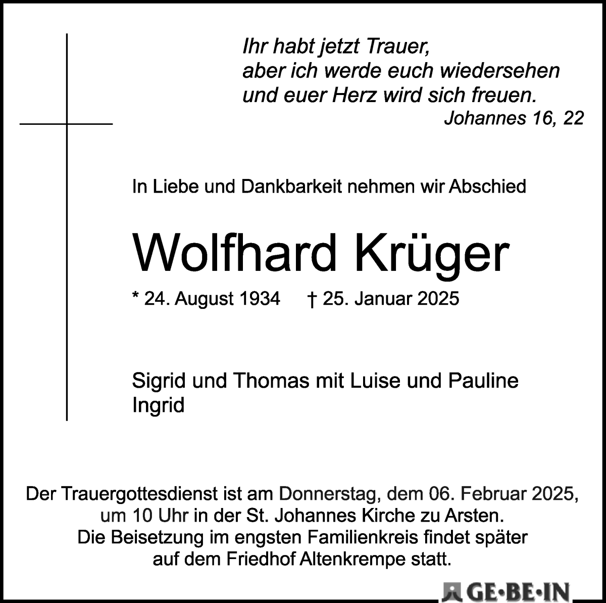Traueranzeige von Wolfhard Krüger von WESER-KURIER