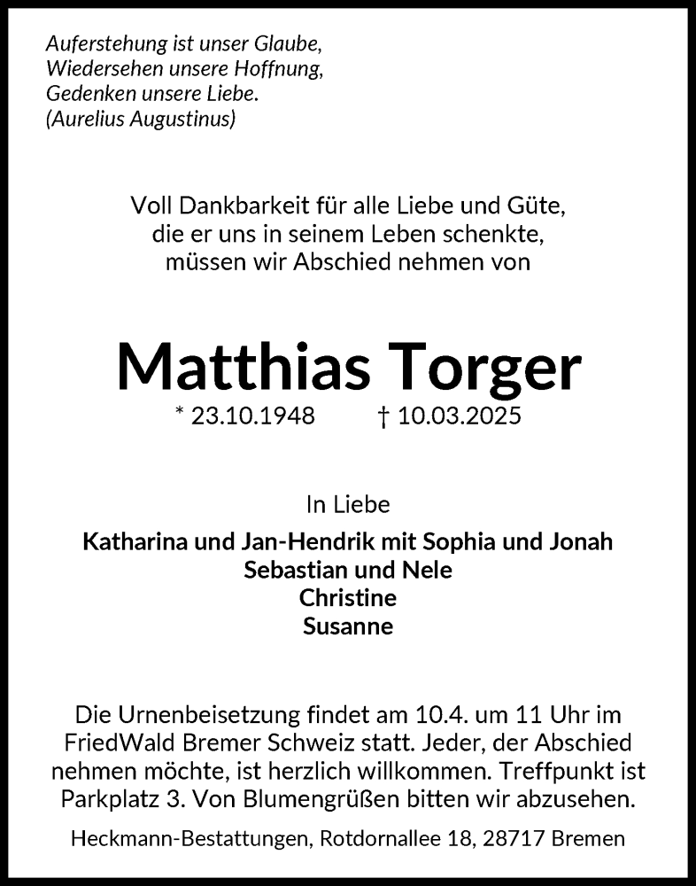 Traueranzeige von Matthias Torger von Die Norddeutsche