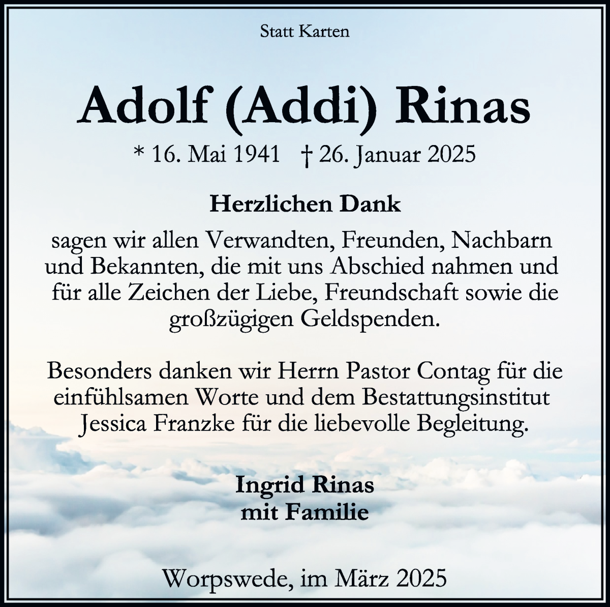 Traueranzeige von Adolf Rinas von Wuemme Zeitung