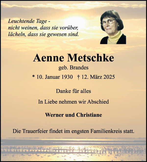 Traueranzeige von Aenne Metschke von WESER-KURIER