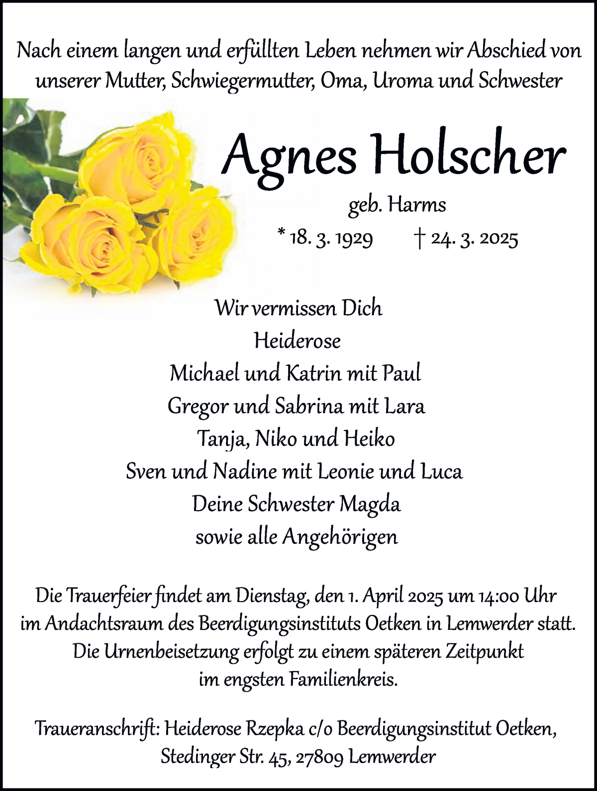 Traueranzeige von Agnes Holscher von Die Norddeutsche