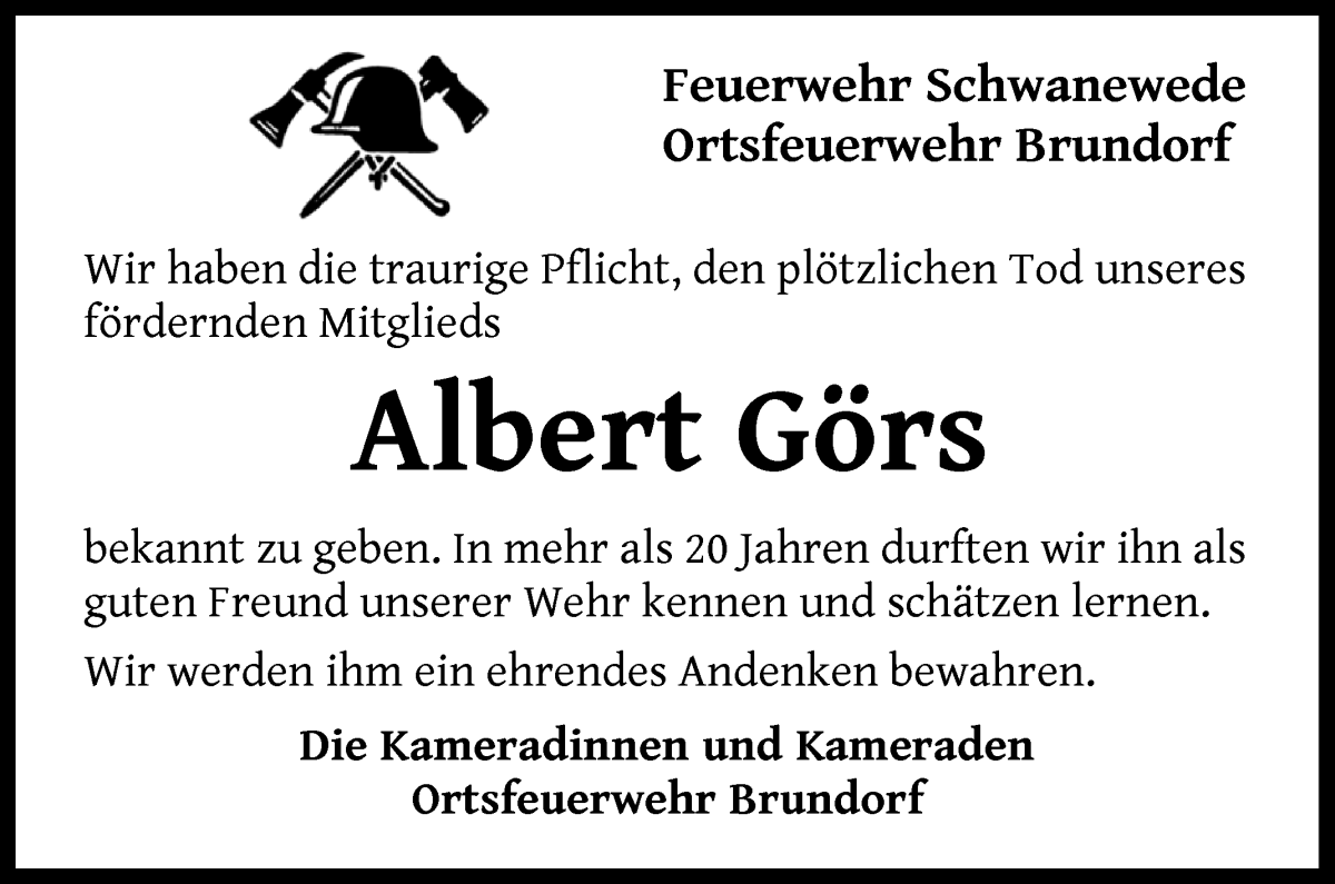 Traueranzeige von Albert Görs von Die Norddeutsche