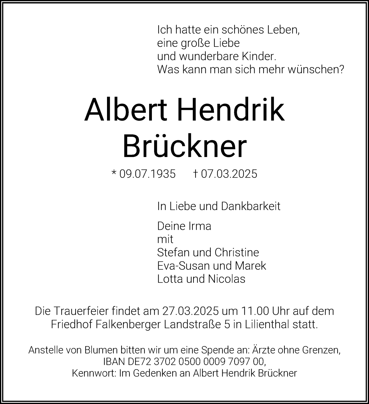 Traueranzeige von Albert Hendrik Brückner von Wuemme Zeitung