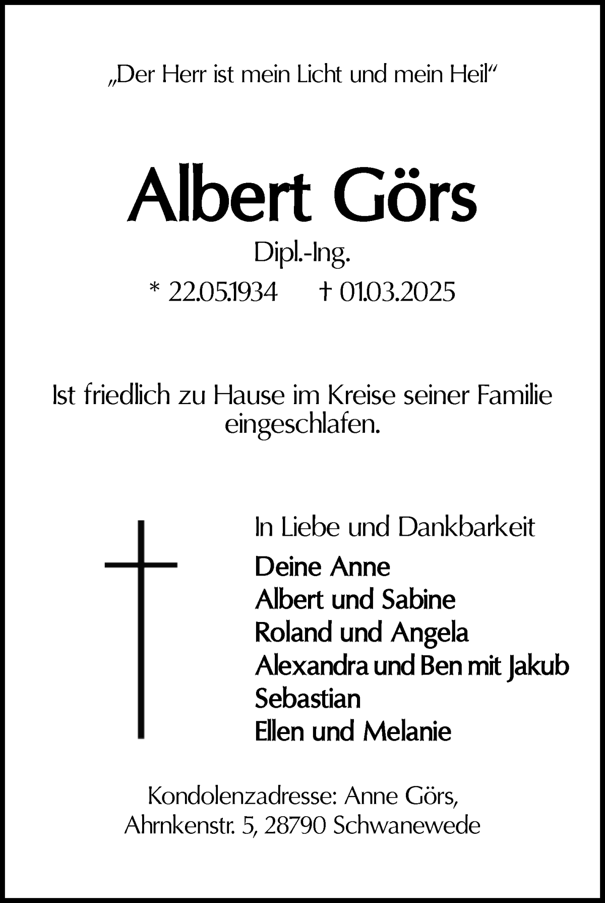 Traueranzeige von Albert Hermann Heinrich Görs von WESER-KURIER