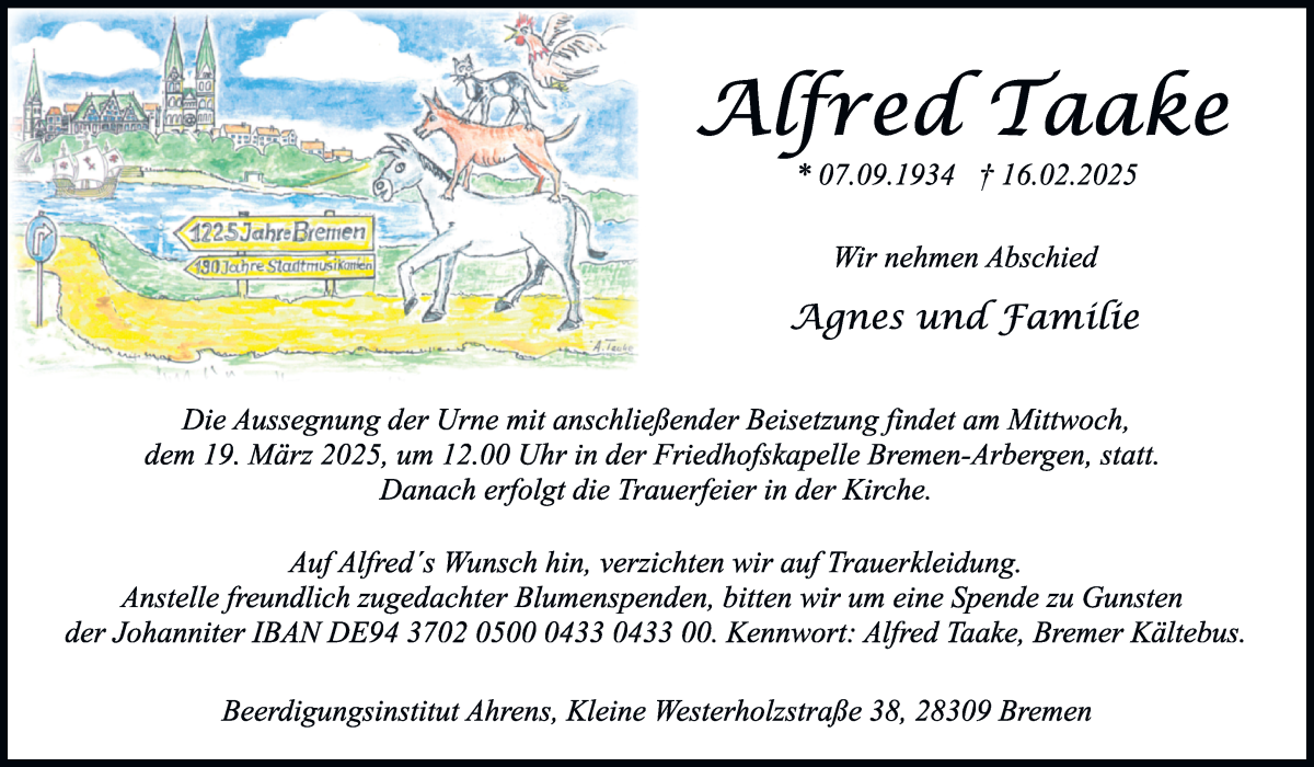 Traueranzeige von Alfred Taake von WESER-KURIER