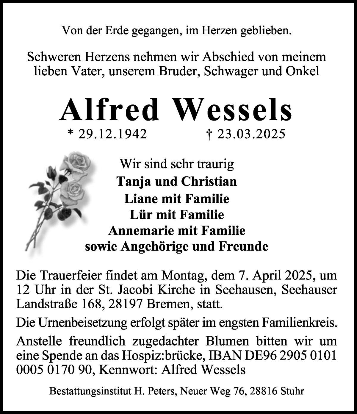 Traueranzeige von Alfred Wessels von WESER-KURIER