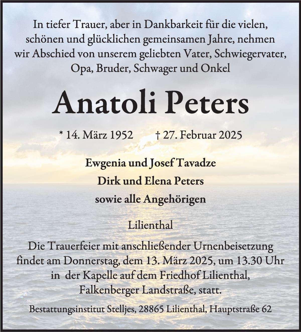 Traueranzeige von Anatoli Peters von Wuemme Zeitung