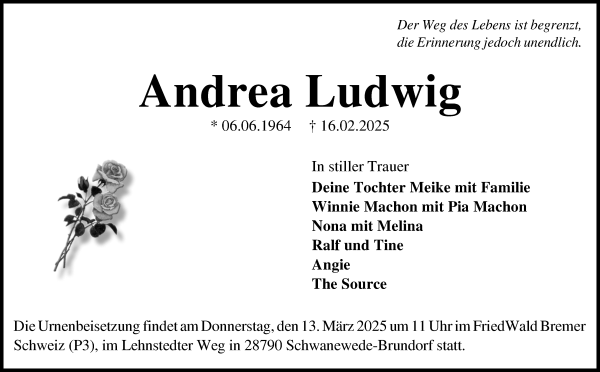 Traueranzeige von Andrea Ludwig von Die Norddeutsche