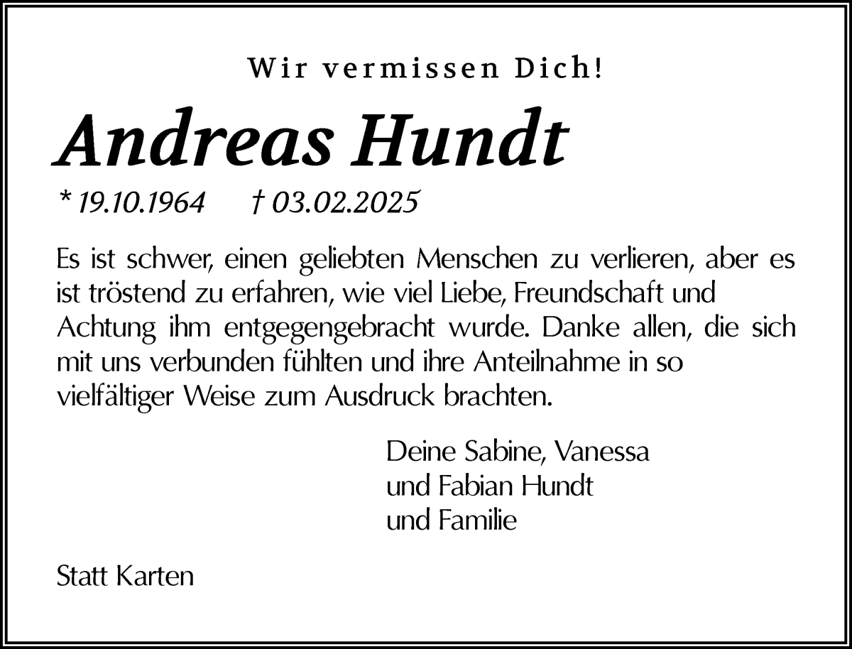 Traueranzeige von Andreas Hundt von WESER-KURIER