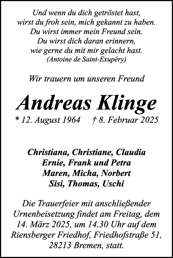 Traueranzeige von Andreas Klinge von WESER-KURIER