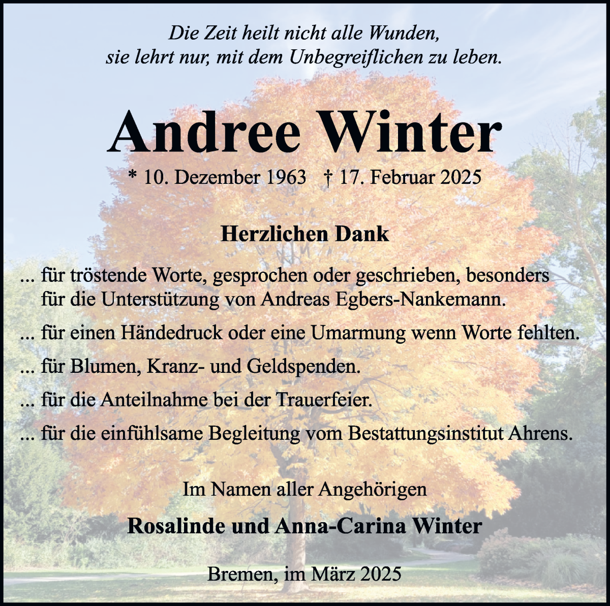 Traueranzeige von Andree Winter von WESER-KURIER