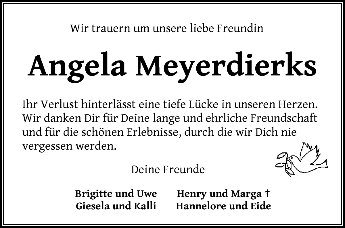 Traueranzeige von Angela Meyerdierks von Wuemme Zeitung