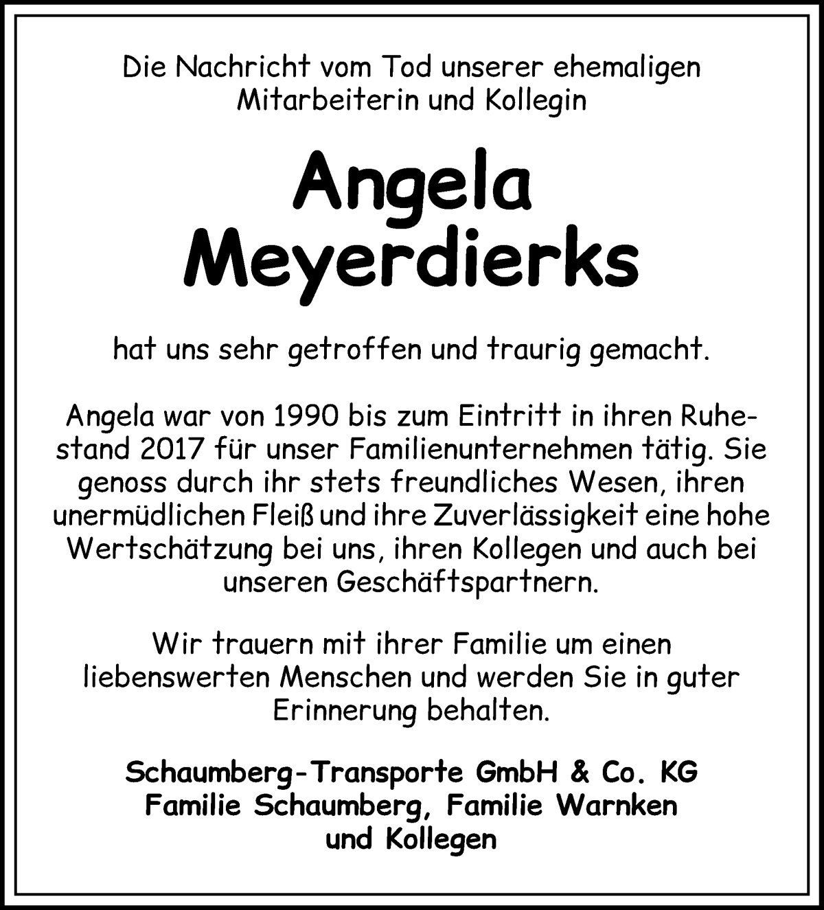 Traueranzeige von Angela Meyerdierks von Wuemme Zeitung
