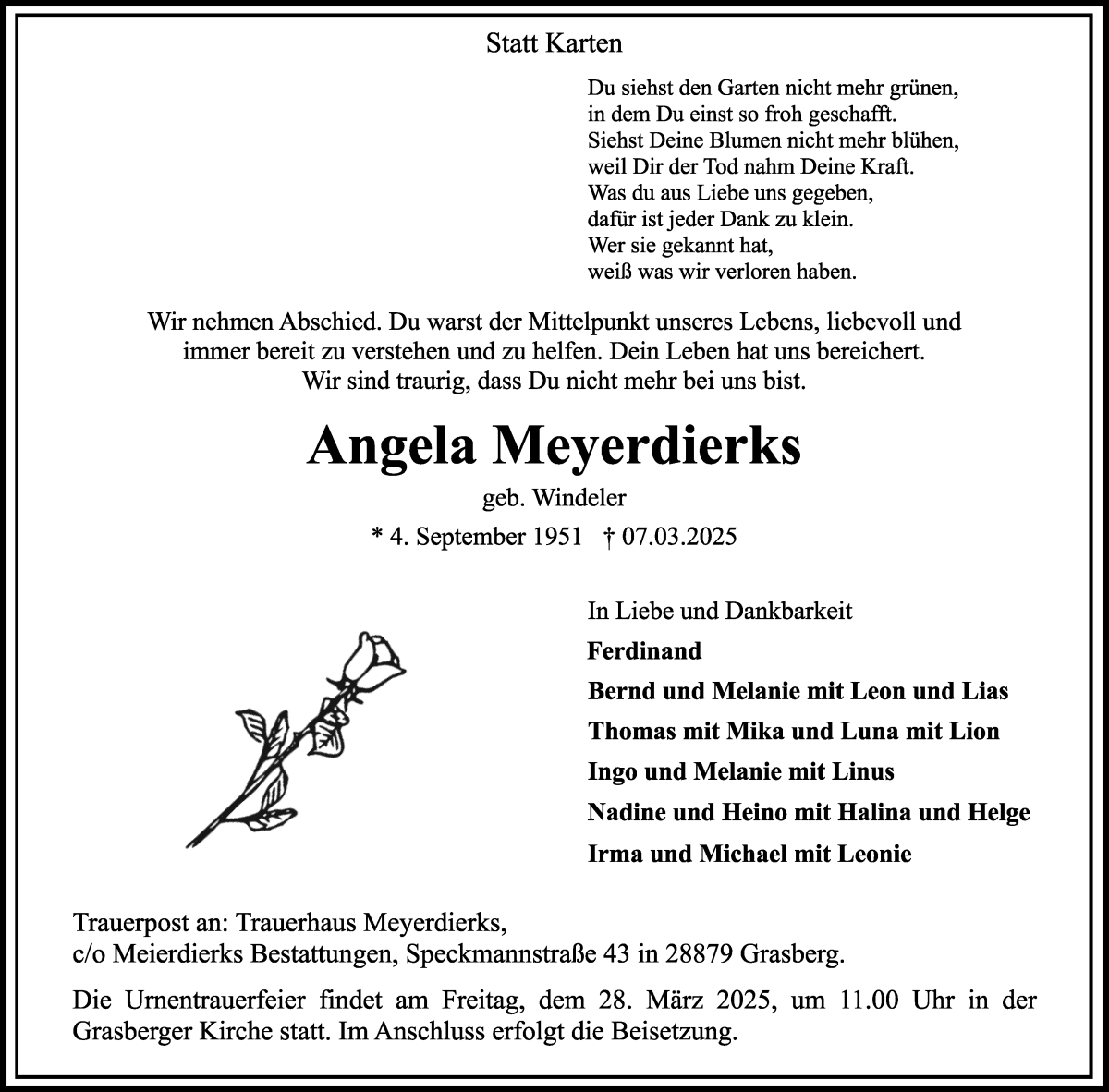 Traueranzeige von Angela Meyerdierks von Wuemme Zeitung