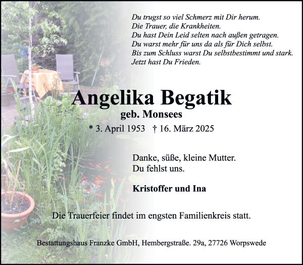 Traueranzeige von Angelika Begatik von Wuemme Zeitung