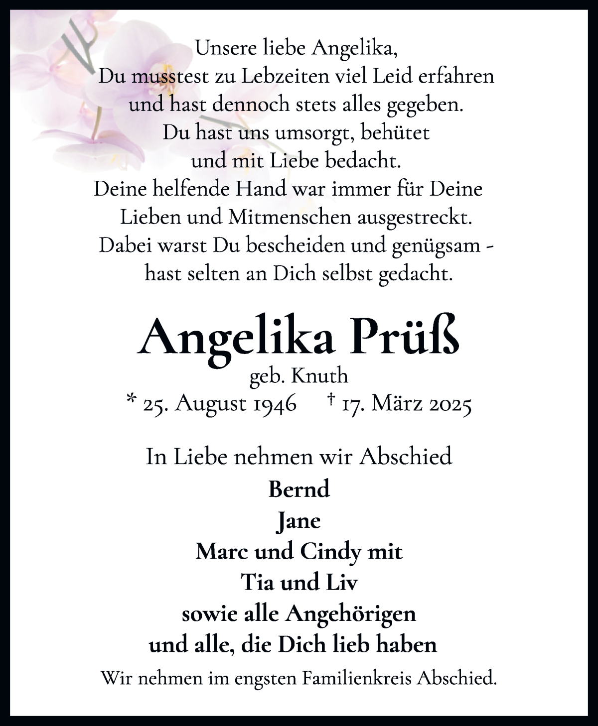 Traueranzeige von Angelika Prüß von WESER-KURIER