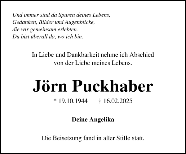 Traueranzeige von Jörn Puckhaber von Die Norddeutsche