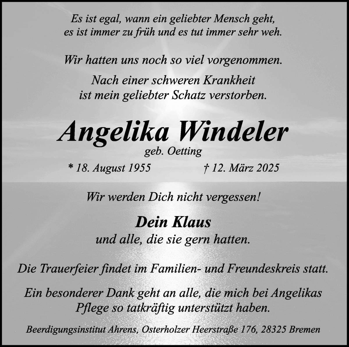 Traueranzeige von Angelika Windeler von WESER-KURIER