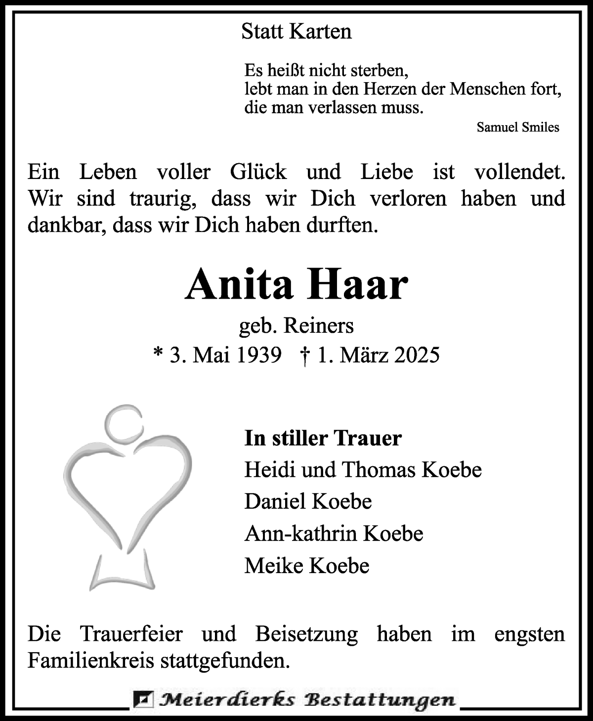 Traueranzeige von Anita Haar von Wuemme Zeitung