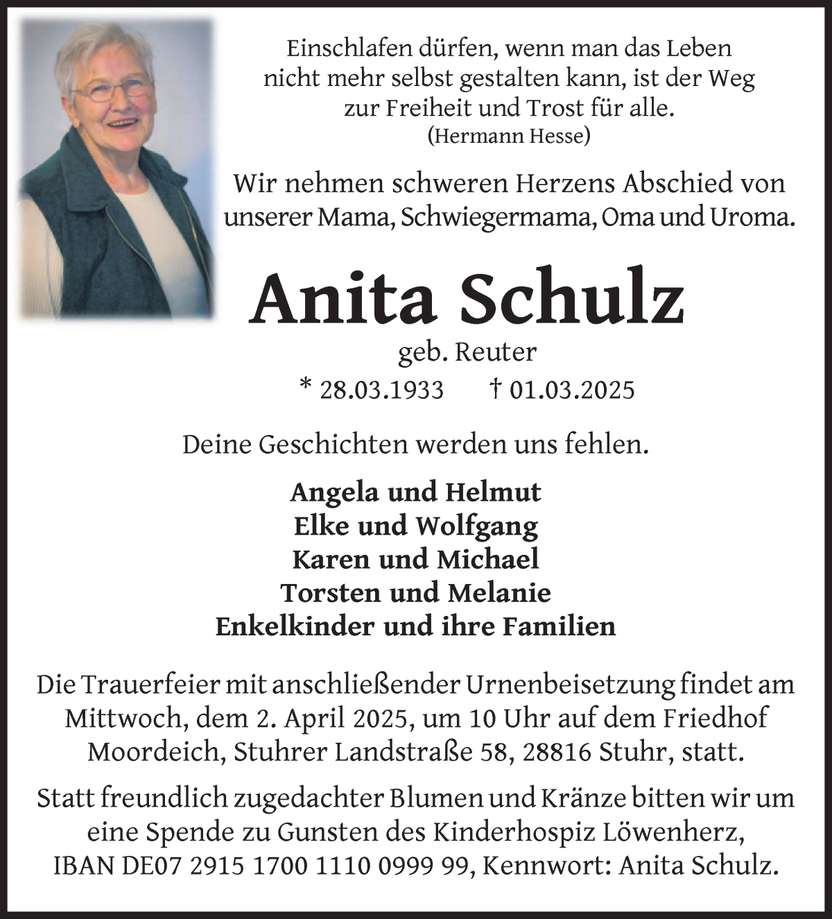 Traueranzeige von Anita Schulz von WESER-KURIER